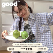 美好商店MeihaoStore夏日蓝白格纹翻袋GOOD刺绣叠穿衬衫