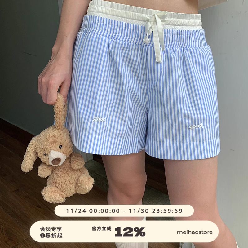 美好商店MeihaoStore夏日蓝白竖条纹双头腰刺绣good短裤