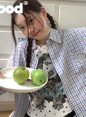 美好商店MeihaoStore夏日蓝白格纹翻袋GOOD刺绣叠穿衬衫