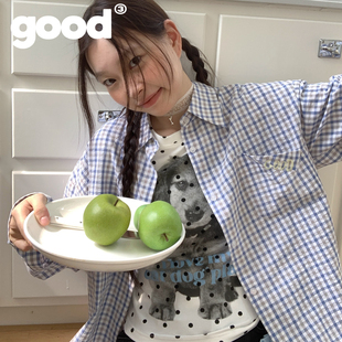 美好商店MeihaoStore夏日蓝白格纹翻袋GOOD刺绣叠穿衬衫