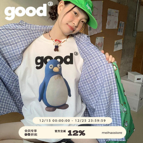 美好商店MeihaoStore目瞪口呆蓝色企鹅good全棉长袖T恤