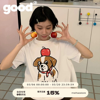 美好商店MeihaoStore苹果小狗apple dog印花全棉基础短袖T恤