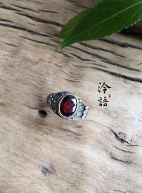 纯银烧蓝镶嵌橙红石榴石戒指