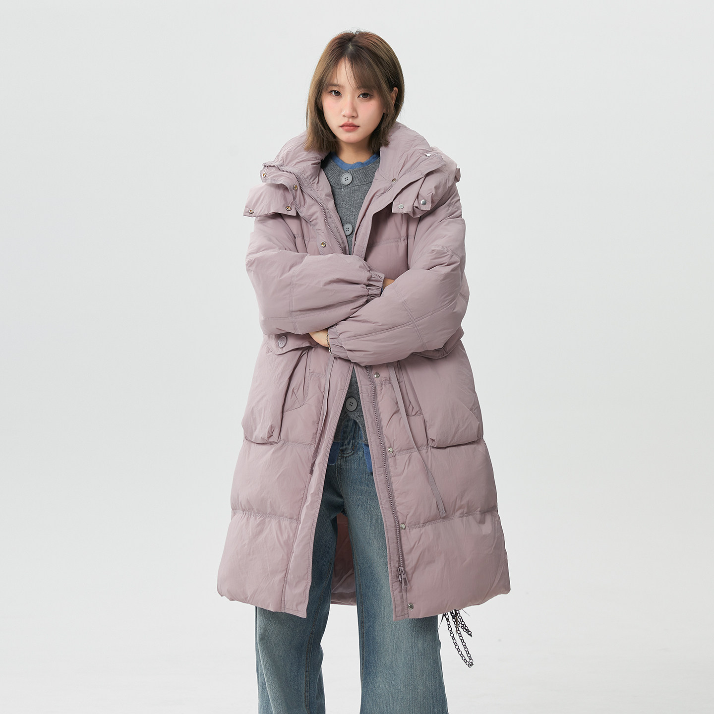 minette 紫色羽绒服女连帽中长款加厚保暖宽松冬季白鸭绒收腰外套