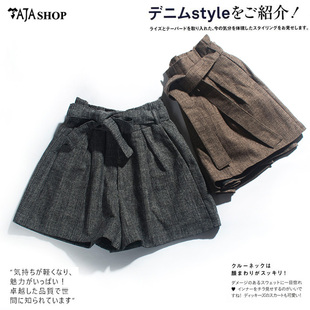 女潮秋冬 子花苞系带宽松裙裤 高腰显瘦羊毛阔腿短裤 复古英伦风格