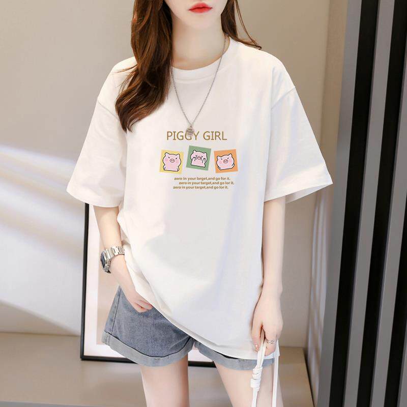 欧洲站纯棉白色短袖T恤女2025夏季新款中长款印花潮宽松半袖体恤