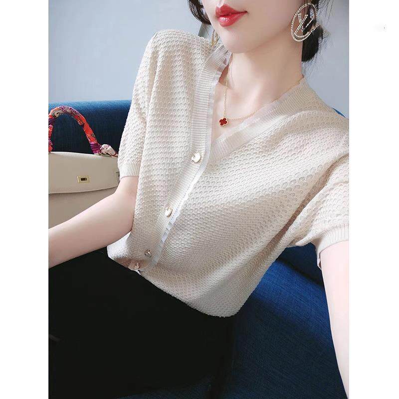 欧洲站冰丝针织衫女短袖薄款2025年夏季新款设计感小众时尚v领t恤