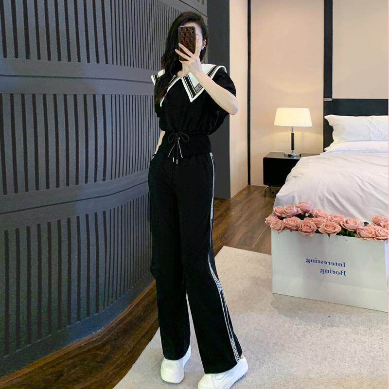 运动休闲套装女夏季2024新款时尚减龄海军领短袖阔腿裤两件套洋气