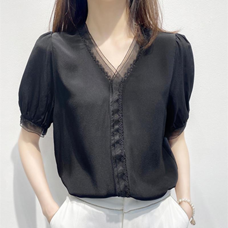黑色V领雪纺衬衫女夏2025新款韩版蕾丝泡泡袖减龄设计感小众上衣