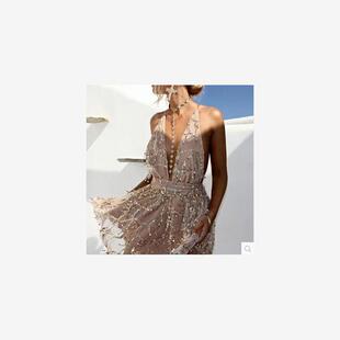 Sling backless dress skirt strap swing neck deep sequin big