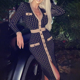 Houndstooth Colorblock Buttoned Work Dress修身连衣裙女