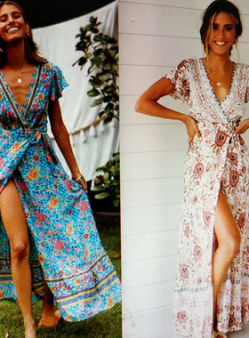 2019 Summer printed cotton split long dress 夏季印花棉的长裙