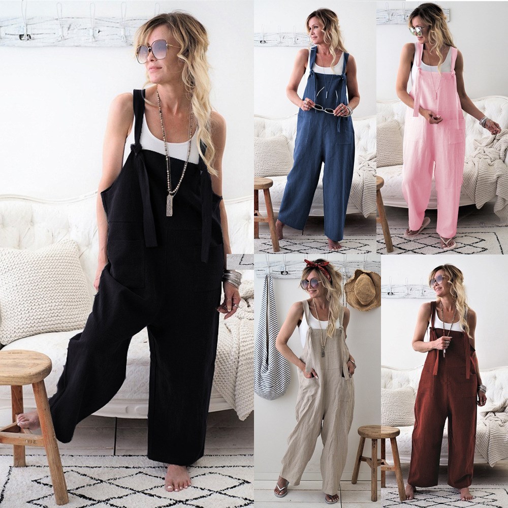 Women Casual Overalls Jumpsuit Trousers Linen Wide Leg Pant