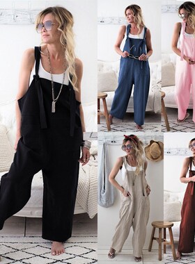 Women Casual Overalls Jumpsuit Trousers Linen Wide Leg Pant