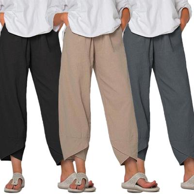 Irregular Hem Loose Cropped Pants Cotton Linen Trousers