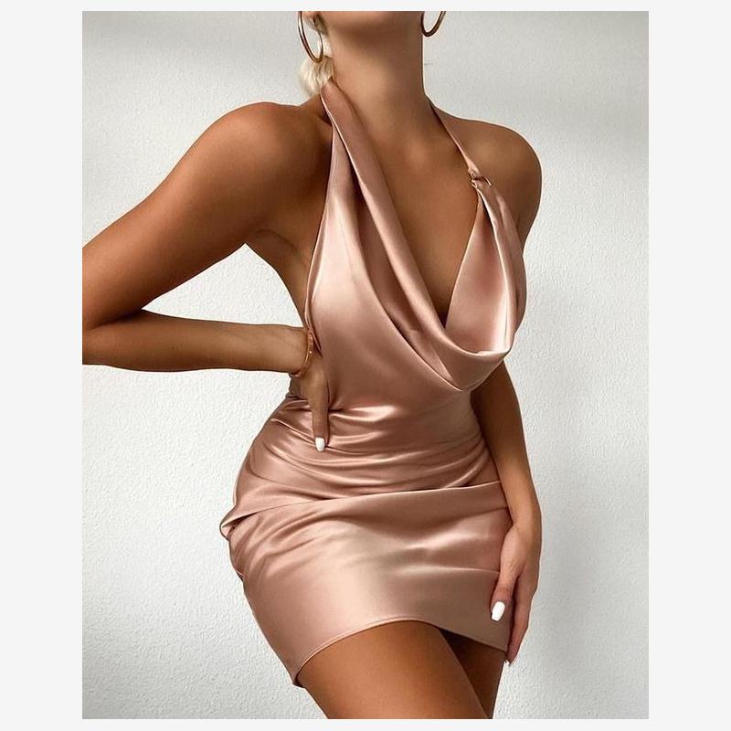 Sleeveless Cowl Neck Satin Ruched Party Dress粉色荡领吊带裙