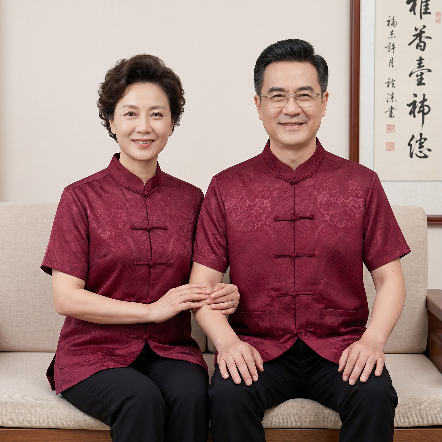 夏季唐装男中老年情侣装宴会短袖父母生日过寿喜庆爷爷奶奶婚礼服