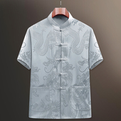 爸爸夏装 中国风男装 桑蚕丝 夏天薄款 爷爷真丝绸套装 唐装 中老年短袖