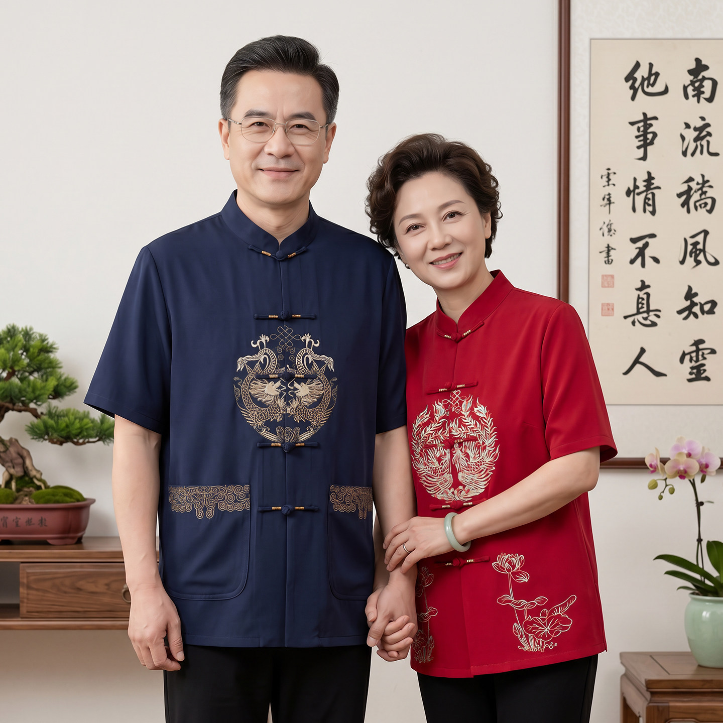 夏季短袖唐装男中老年情侣装父母过寿本命年爷爷生日喜庆婚宴礼服