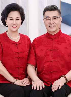 中国风唐装男女短袖中老年人情侣装爷爷奶奶夏季宴会生日过寿礼服