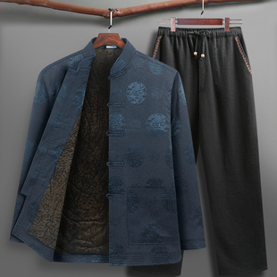 棉袄爷爷加绒加厚爸爸外套老人生日过寿棉衣 套装 中老年唐装 男冬季