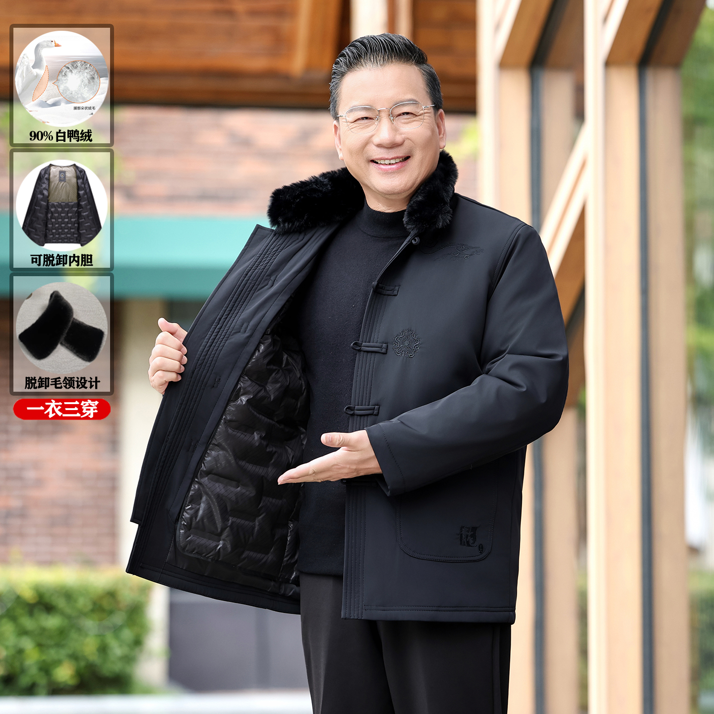 唐装男中老年爸爸冬装加厚脱卸羽绒服老人生日过寿爷爷中国风衣服