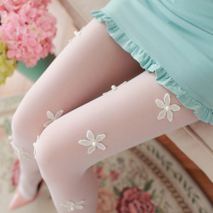日系甜美提花公主白色丝袜女立体手工花朵薄款防勾丝打底袜萝莉袜