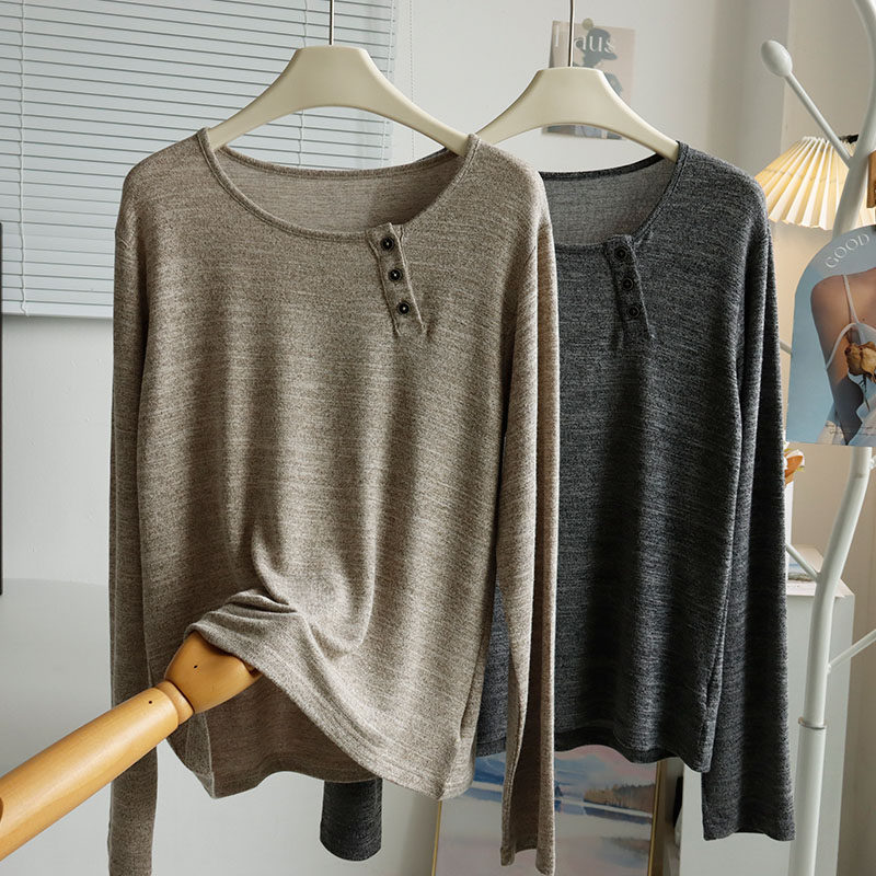 设计感大圆领纽扣针织T恤女春秋新款个性小众宽松显瘦休闲上衣潮
