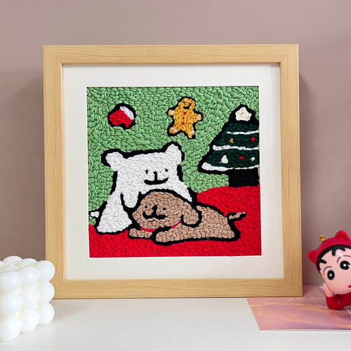 圣诞戳戳绣线条小狗毛线画装饰