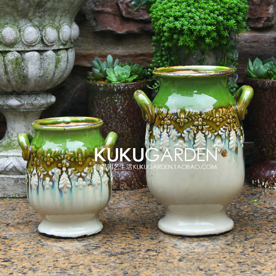 欧式别墅花园美式乡村陶瓷水培花瓶插做旧绿复古雕花双耳绿植花盆