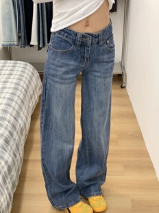 复古蓝阔腿牛仔裤女春秋新款美式高腰宽松显瘦百搭遮胯垂感直筒裤
