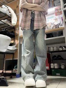 复古蓝高腰直筒牛仔裤女2026春秋新款宽松显瘦大码垂感阔腿拖地裤