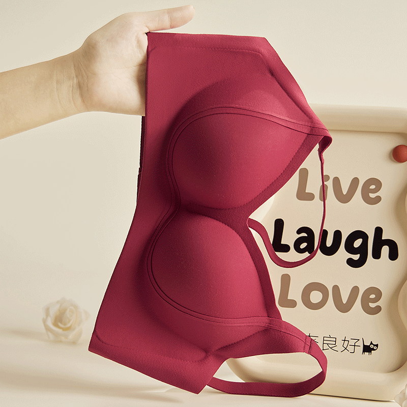 新品无痕小胸聚拢文胸馒头杯加厚本命年红色性感内衣一片式文胸罩