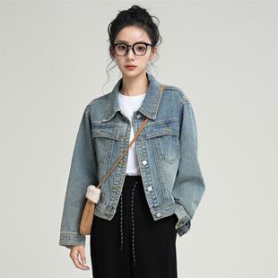 复古水洗蓝牛仔外套女春秋2025春季新款POLO领牛仔褂夹克短款上衣
