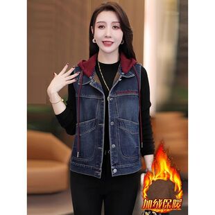 欧货今年流行加绒无袖坎肩棉服外套女装2025冬季新款连帽牛仔马甲