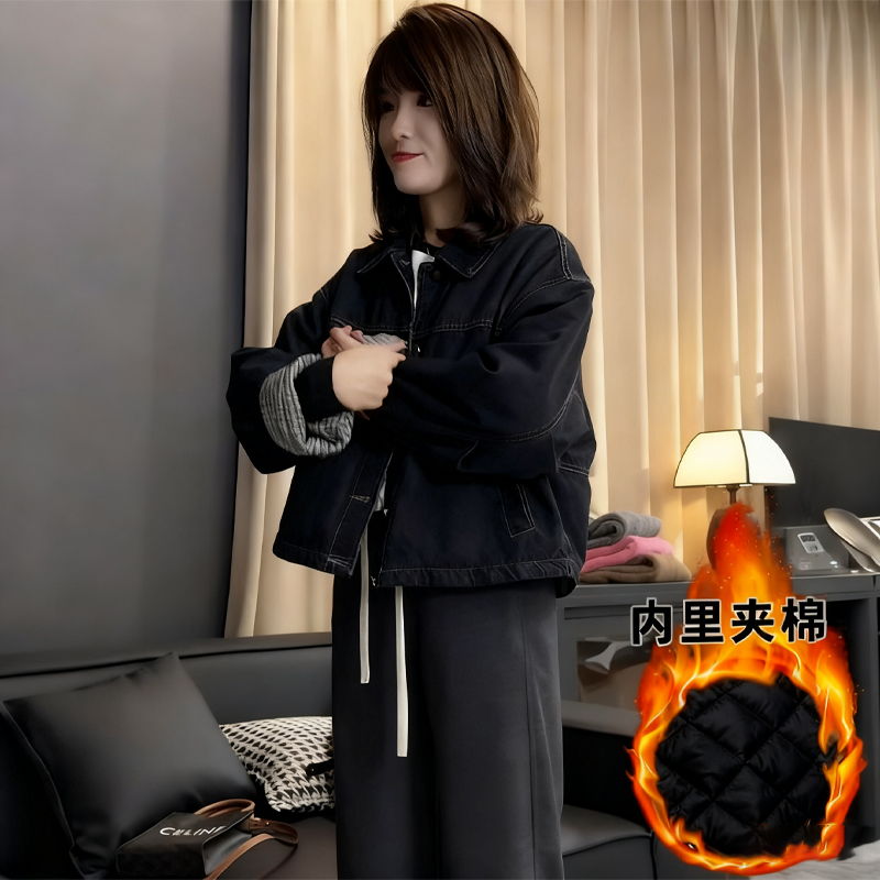 袖口拼接水洗夹棉牛仔棉服