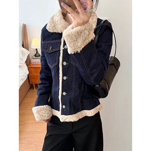 美式复古毛领牛仔外套棉服女冬季短款加厚保暖修身加绒夹克上衣潮
