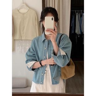 韩系浅蓝色柔软牛仔外套撞色边衬衫 通勤轻薄短外套 女2025春秋新款