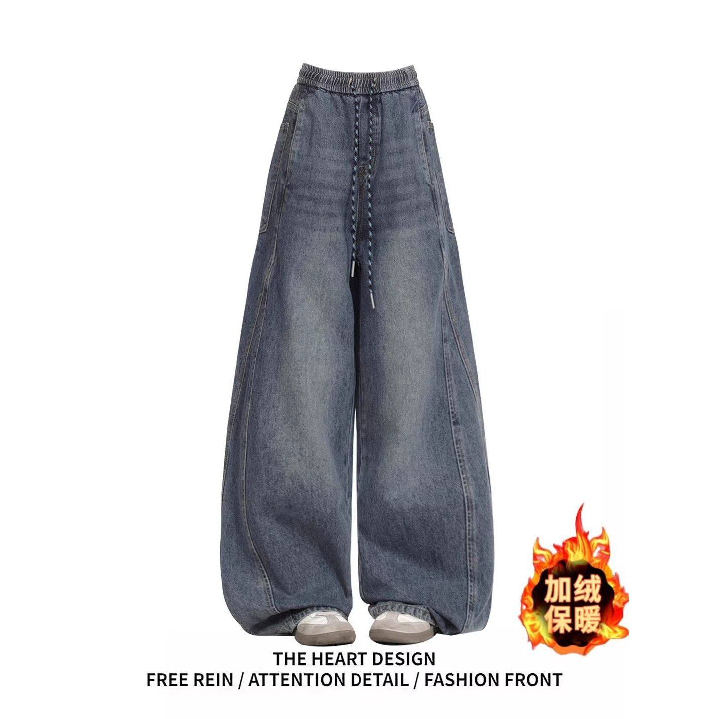 大码美式松紧腰阔腿加绒加厚牛仔裤女秋冬胖mm宽松显瘦直筒拖地裤,女装/女士精品,牛仔裤,淘宝优惠券,粉丝福利购,淘宝优惠卷
