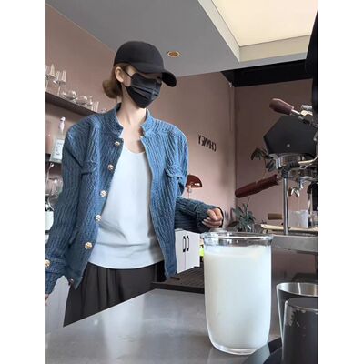 美式复古蓝色肌理感牛仔小香风外套女春秋宽松高级感立领夹克上衣