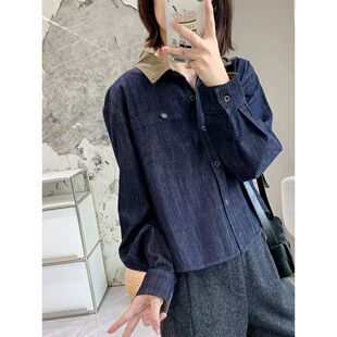 复古水洗翻领拼色长袖衬衫女秋冬加绒磨毛保暖藏蓝牛仔短款外套