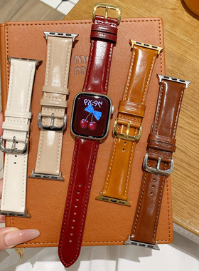 适用苹果iwatch10se3ultra油蜡真皮表带S11i金属扣腕带6789男女款