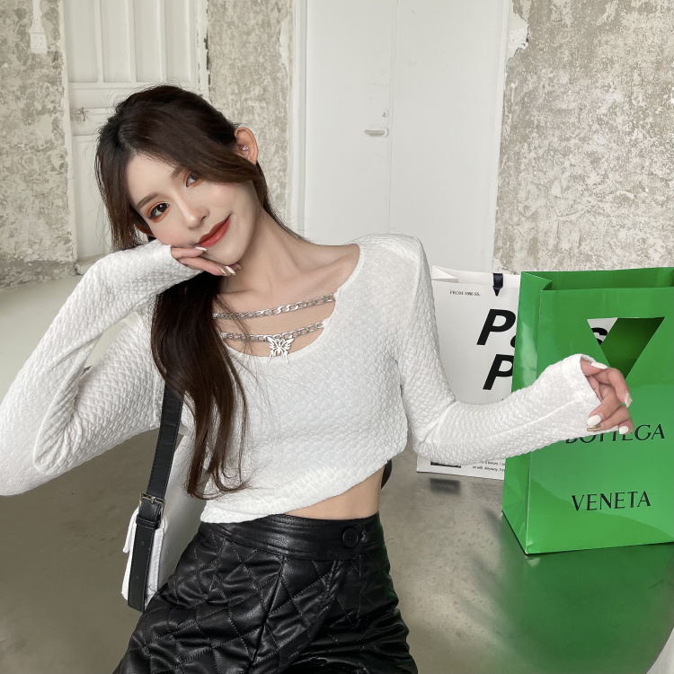 Real shot real price tight bottomed shirt women's design sense V-neck collarbone long sleeve T-shirt