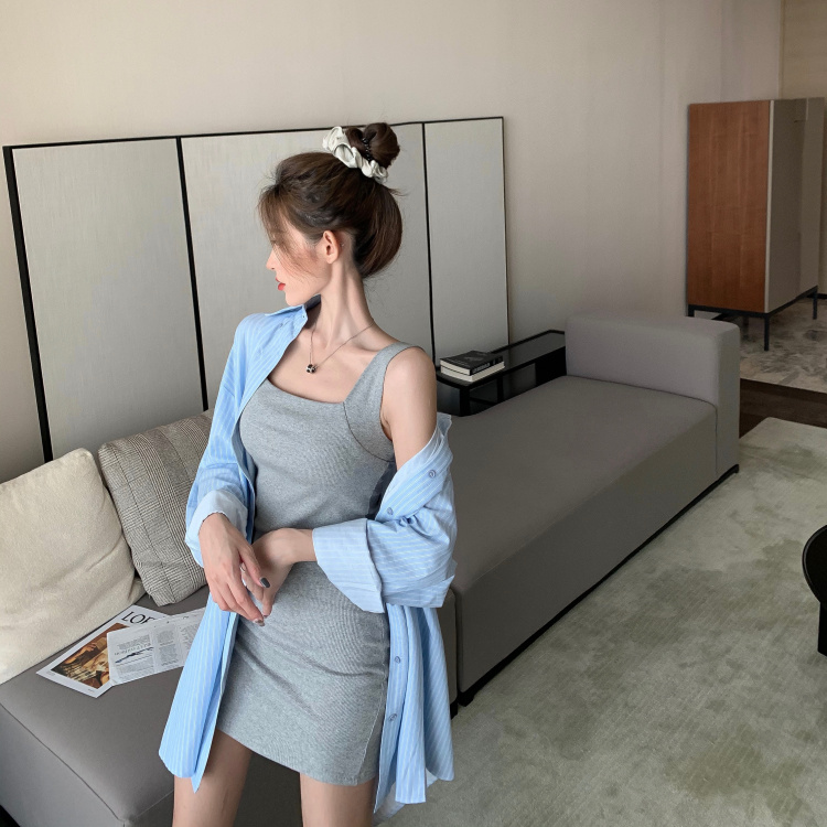 Real price ~ square collar waist show thin A-line skirt sexy dress + stripe sunscreen air conditioning shirt