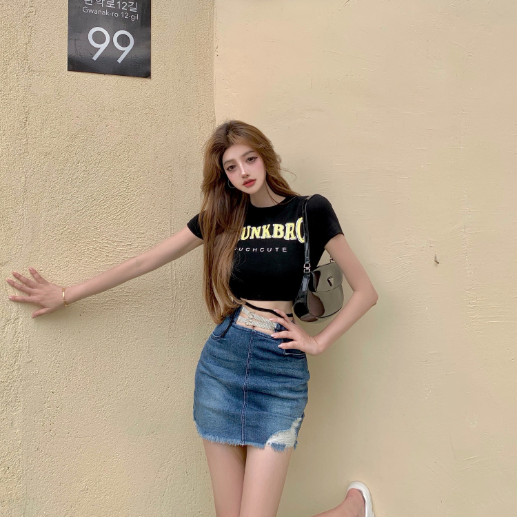 Real price hot girl Style Sexy bandage print short T-shirt