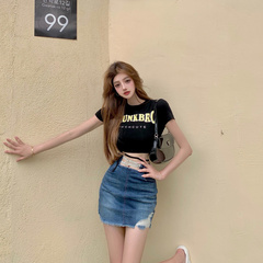 Real price hot girl Style Sexy bandage print short T-shirt