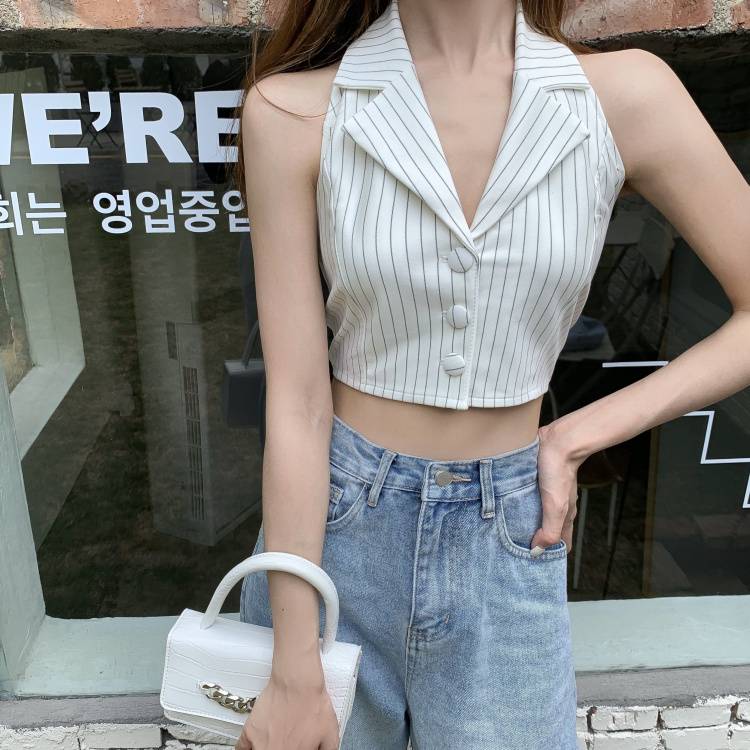 Real price ~ fashionable off shoulder striped suit slim short vest