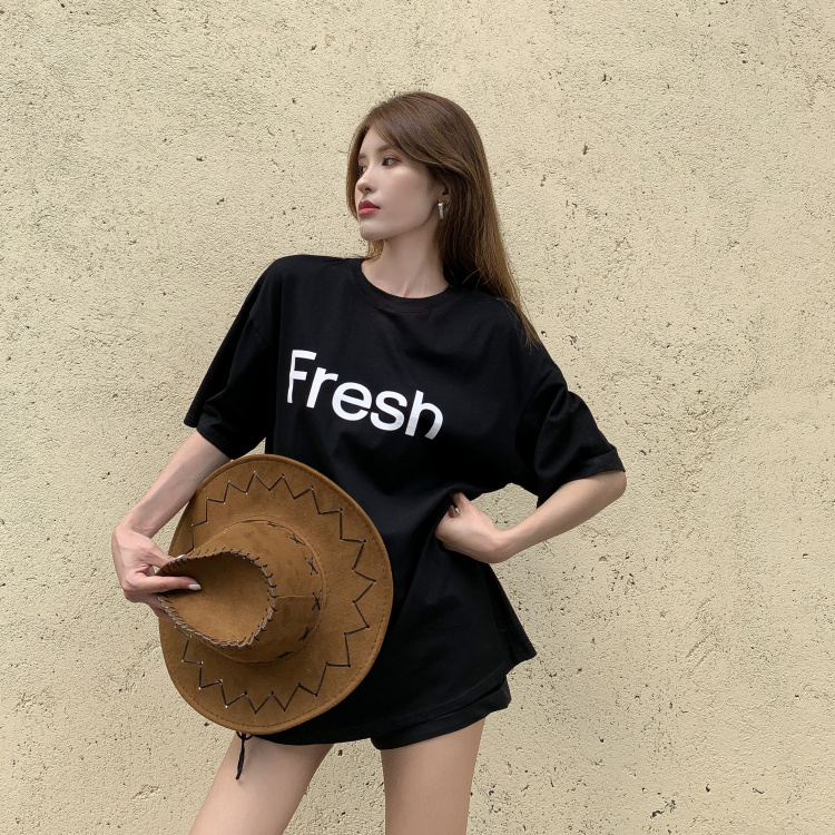 Real price ~ short sleeve T-shirt Korean casual versatile simple letter printing loose medium length top