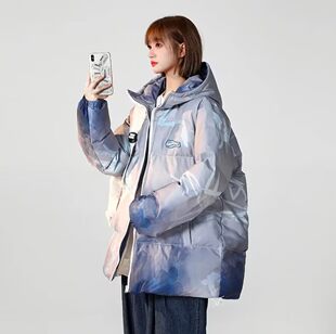 【精品】新款上市◆2026冬季中性港风潮流渐变色山水印花连帽棉衣