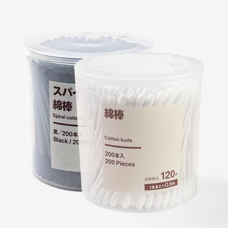 日本MUJI无印良品棉棒家用化妆卸妆卫生双头螺旋黑白棉签200支